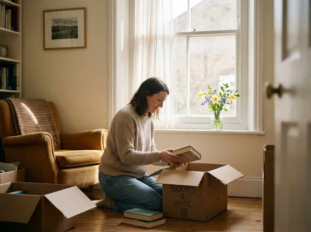 A calm, welcoming home interior with books and natural light