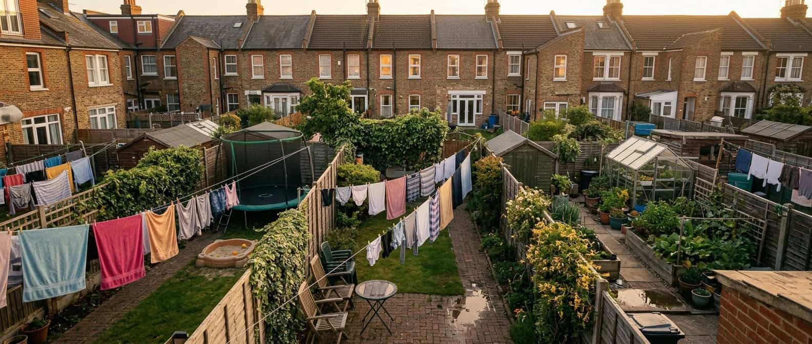 A cared-for community garden beside neighbourhood homes