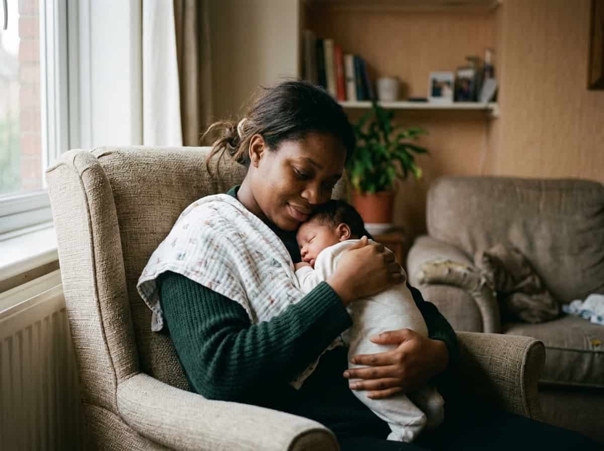 A parent resting with a baby in a calm home setting