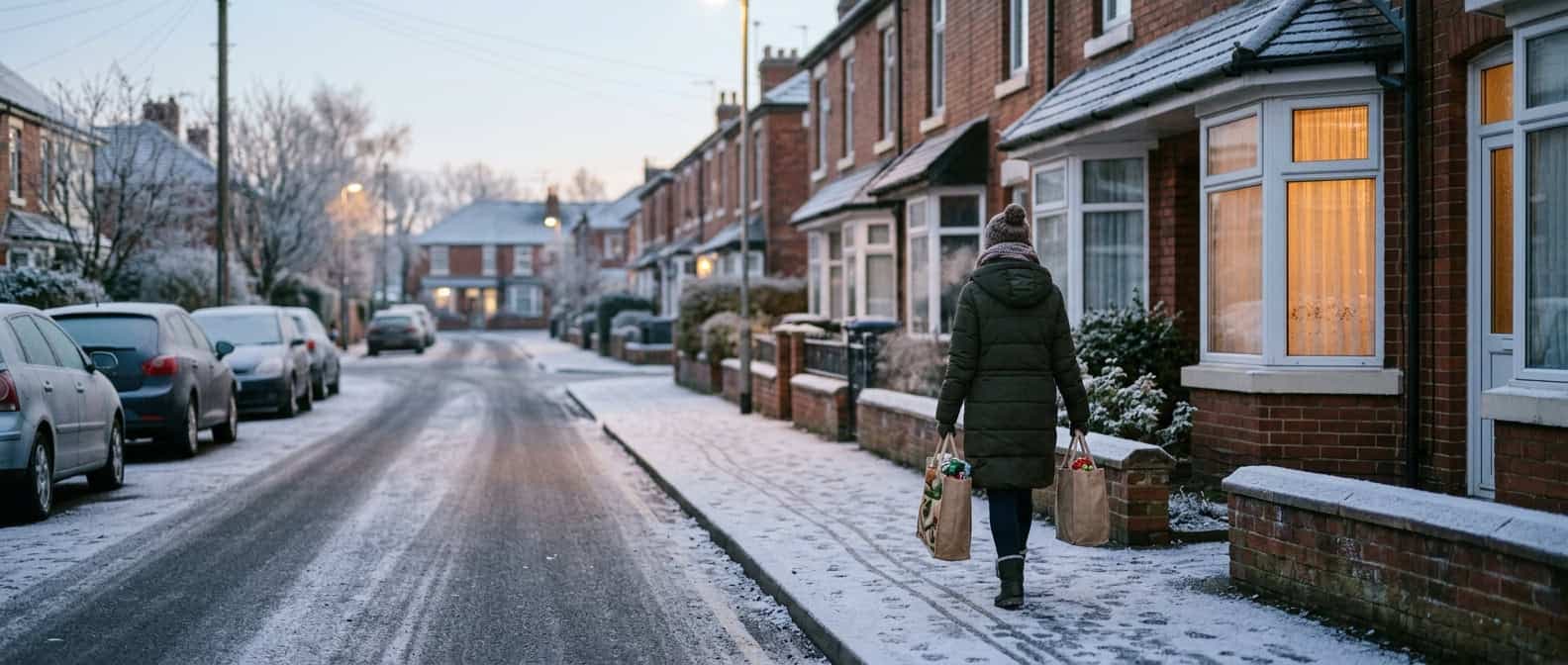 A warmly lit residential street on a winter evening